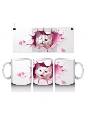 Pembe Kalplerle Süslenmiş Tatlı Kedi – Baskılı Kahve Kupası