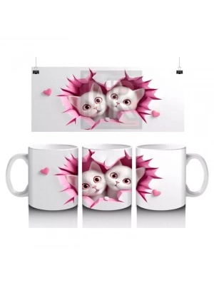 Pembe Kalplerle Süslenmiş Tatlı Kedi Çifti – Baskılı Kahve Kupası