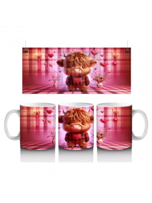 Pembe Kalplerle Süslü Sevimli Boğa – Baskılı Kahve Kupası