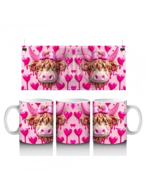 Pembe Kalpli Arka Planda Aşık Boğa Çifti – Baskılı Kahve Kupası