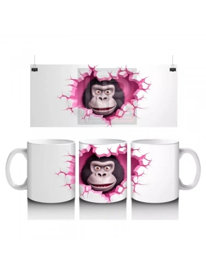 Pembe Kalpli Arka Planda Sevimli Goril - Baskılı Kahve Kupası