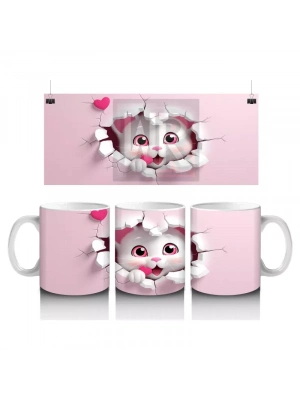 Pembe Kalpli Çatlak Duvar Arasından Bakan Sevimli Kedi Kupa