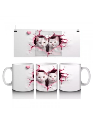 Pembe Kalpli Desende İkili Kedi Figürü – Baskılı Kupa