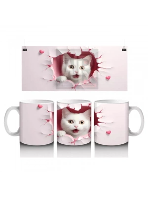 Pembe Kalpli Duvar Arasında Beyaz Kedi – Baskılı Kahve Kupası