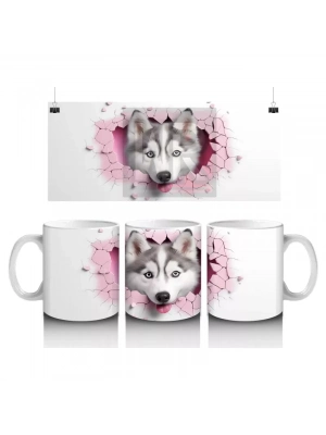 Pembe Kalpli Duvar Arasında Husky – Baskılı Kahve Kupası