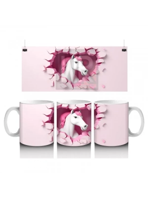Pembe Kalpli Duvar Önünde Tek Boynuzlu At – Baskılı Kahve Kupası