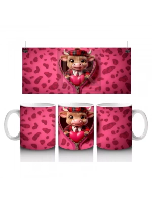 Pembe Kalpli Fon Üzerinde Kırmızı Boğa Maskotu – Baskılı Kahve Kupası