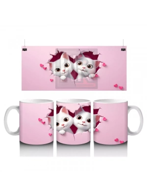 Pembe Kalpli Zeminden Bakan Sevimli İkiz Kediler - Baskılı kahve kupası