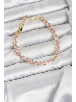 ® Pembe Kare Zirkon Taşlı Gold Renk Pirinç Su Yolu Kadın Bileklik
