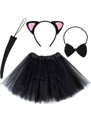 Etekli Pembe Kedi Seti -Taç, Kuyruk, Etek, Papyon Çocuk Boy