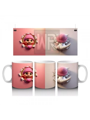 Pembe Kostümlü Kız Maskot ve Ponponlu Bere – Baskılı Kahve Kupası