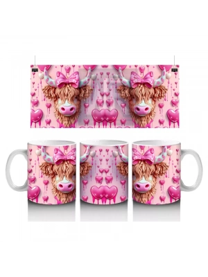 Pembe Kurdeleli Romantik İnek Deseni - Baskılı kahve kupası