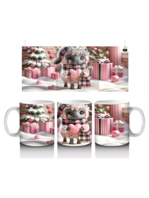 Pembe Kurdeleli Sevimli Kuzu Maskotu – Baskılı Kahve Kupası