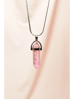 Pembe Kuvars Doğal Taşı Zincirli El Yapımı Tasarımlı Kolye Uç: 3,5 cm Zincir: 20 cm Kutulu