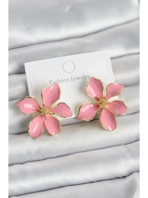 Pembe Mineli Çiçek Model Pirinç Kadın Küpe