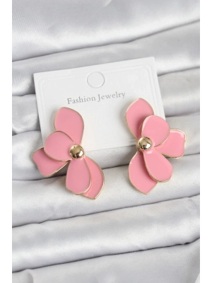 Pembe Mineli Lotus Model Pirinç Kadın Küpe