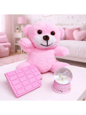 Pembe Peluş Ayıcık, Kar Küresi Ve Pembe Çikolata Not Defteri Hediye Seti
