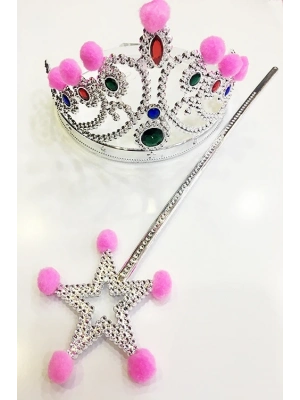 Pembe Ponponlu Gümüş Renk Prenses Tacı Ve Gümüş Renk Prenses Asası