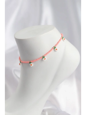 Pembe Renk Boncuklu Papatya Motifli Halhal