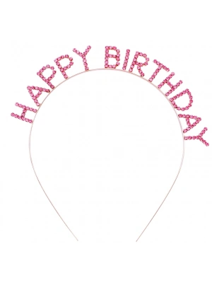 Pembe Renk Kristal Taşlı Gold Renk Kaplama Happy Birthday Taç 16x17 Cm