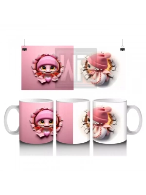 Pembe Şapkalı Sevimli Kız Maskot Çatlakta – Baskılı Kahve Kupası