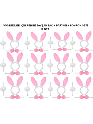 Pembe Tavşan Kostüm Seti – Taç, Papyon, Ponpon (12’li Paket)