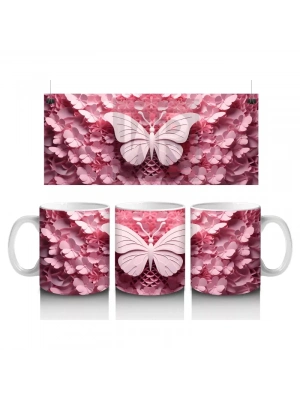 Pembe Tonlarda Rölyef Kelebek ve Çiçek Deseni – Baskılı Kahve Kupası