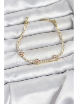 ® Pembe Yonca Detaylı Zirkon Taşlı Gold Renk Pirinç Su Yolu Kadın Bileklik