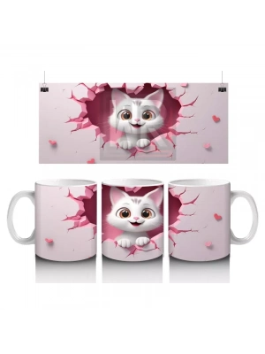 Pembe Zemin Üzerinde Beyaz Kalpli Kedi – Baskılı Kupa