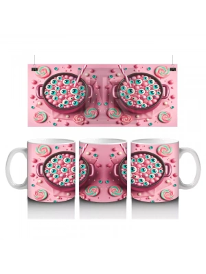 Pembe Zemin Üzerinde Korkunç Şeker Figürlü Sevimli Cadılar Bayramı Baskılı Kupa