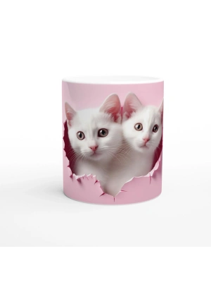Pembe Zeminden Bakan Gerçekçi Yavru Kediler Temalı Baskılı Kupa Bardak