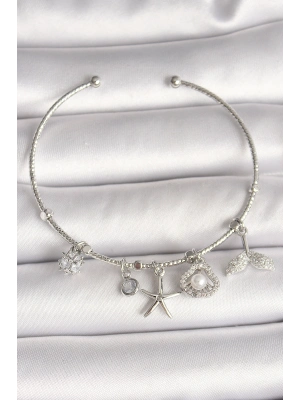 Pirinç Gümüş Renk Sallantı Zirkon Taşlı Deniz Yıldız Figür Balık Kuyruğu Detay Charm Kadın Bileklik