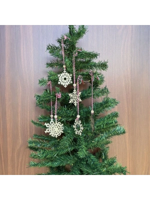 ®  Pilli Peri Ledli 6 Parça Kırmızı Beyaz İpli Kar Tanesi Model Ahşap Yılbaşı Ağaç Süsü