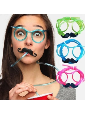 Pipetli Parti Gözlüğü - Çocuk Ve Yetişkin Bıyıklı Pipet Gözlük Pembe Renk 18x14 Cm