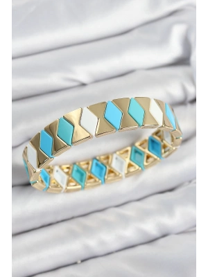 ® Pirinç Baklava Desenli Mavi Beyaz Gold Renk Lastikli Kadın Bileklik