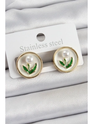 ® Pirinç Beyaz Mineli Lale Figürlü Sanatsal Portre Model Gold Renk Kadın Küpe