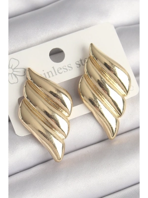 Pirinç Gold Renk 3 Sıralı Dalgalı Model Kadın Küpe