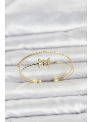 Pirinç Gold Renk Baget Zirkon Taşlı Objeli Kadın Bileklik