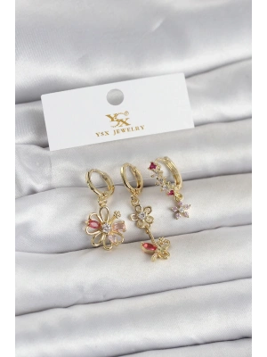 Pirinç Gold Renk Çiçek Model 3lü Kadın Küpe