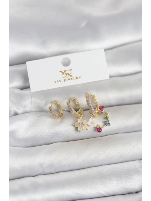Pirinç Gold Renk Çiçek Model 3lü Kadın Küpe