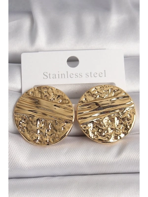 ® Pirinç Gold Renk İşlemeli Daire Plaka Model Kadın Küpe