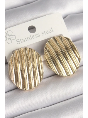 Pirinç Gold Renk İşlemeli Daire Plaka Model Kadın Küpe