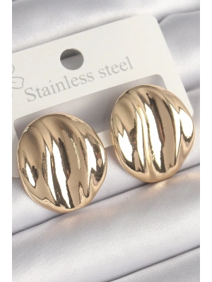 Pirinç Gold Renk İşlemeli Daire Plaka Model Kadın Küpe