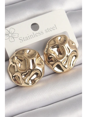 Pirinç Gold Renk İşlemeli Daire Plaka Model Kadın Küpe