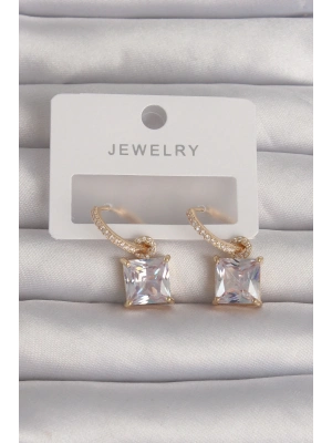 ® Pirinç Gold Renk Kare Zirkon Taşlı Halka Küpe