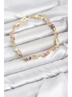 Pirinç Gold Renk Pembe ve Mor Zirkon Taşlı Çiçek Model Kadın Bileklik
