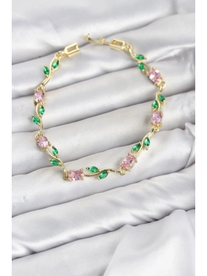 Pirinç Gold Renk Pembe Zirkon Taşlı Çiçek Model Kadın Bileklik