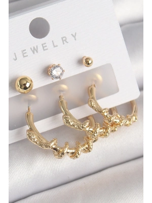 ® Pirinç Gold Renk Sarmal Yılan Halka Model Zirkon Taşlı Topçuk Detay Kadın Küpe Seti
