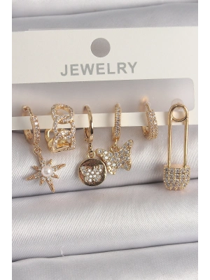 ® Pirinç Gold Renk Zirkon Sallantı Zirkon Taşlı İnci Detay Kelebek Figür Kadın Küpe Seti