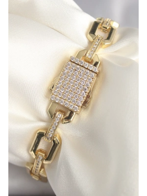 ® Pirinç Gold Renk Zirkon Taş Detaylı Kare Zincir Model Xuping VIP Exculusive Seri Kadın Bileklik